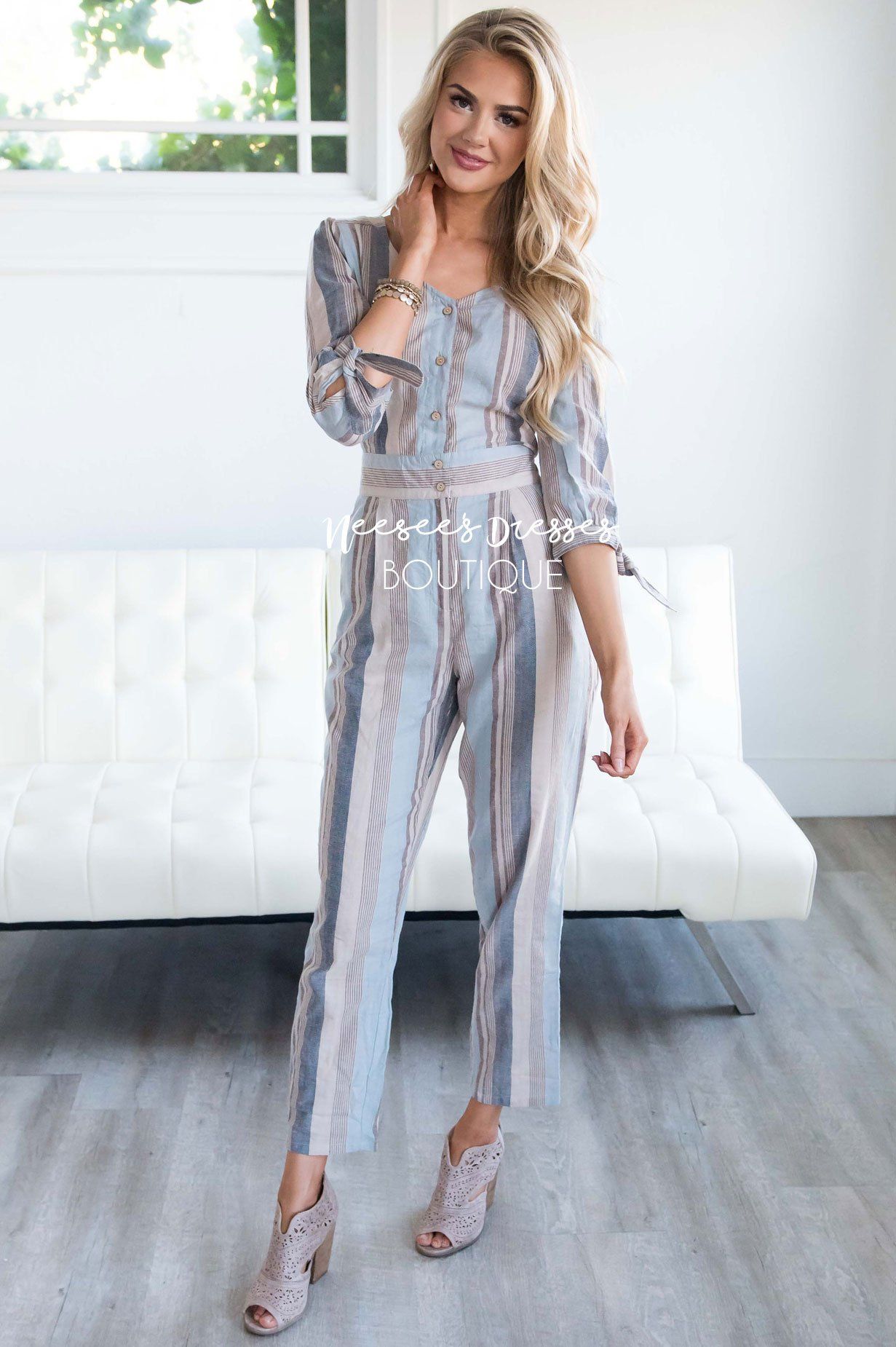 Dusty Blue & Tan Striped Jumpsuit Modest Dresses vendor-unknown 