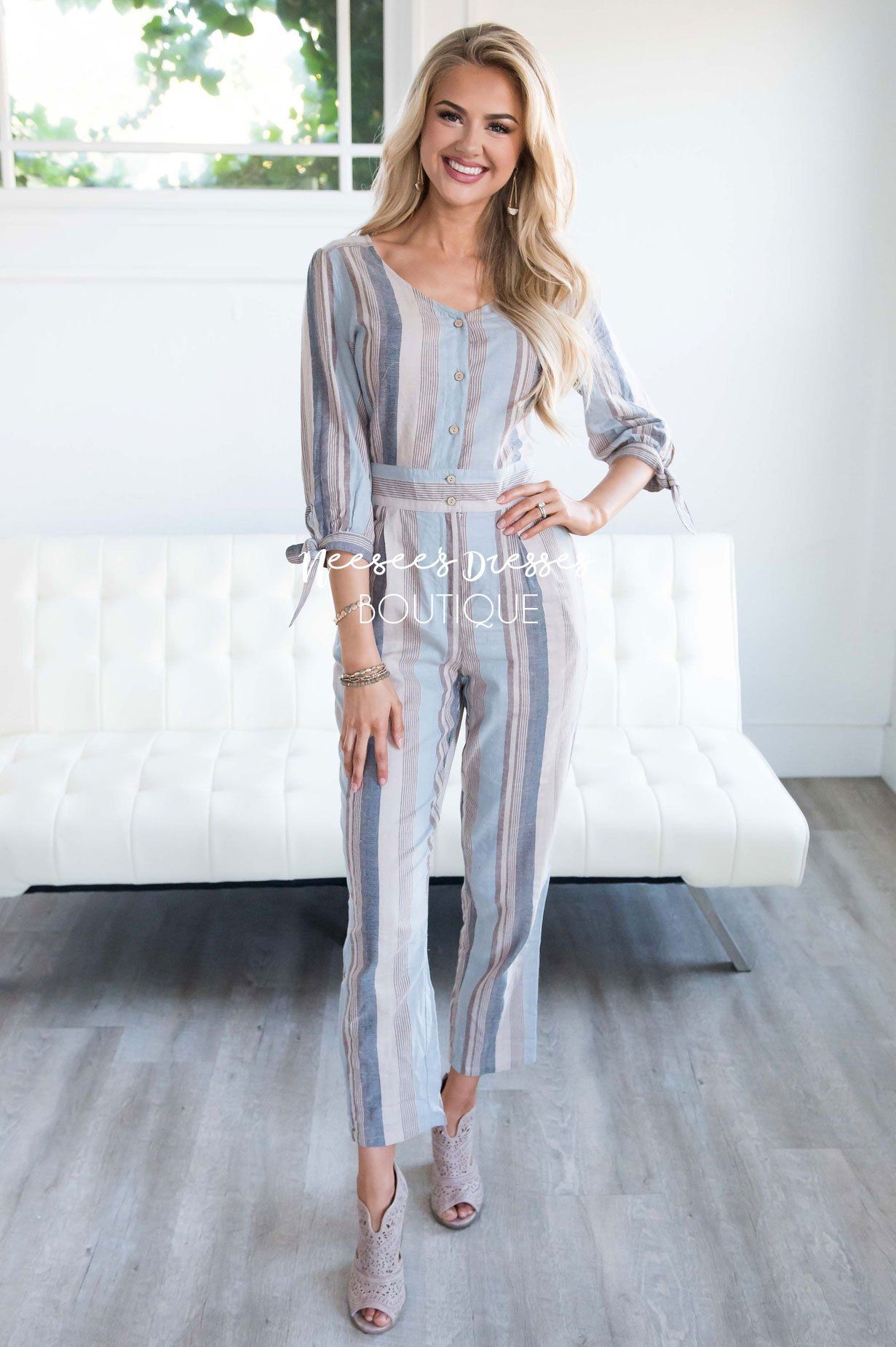 Dusty Blue & Tan Striped Jumpsuit Modest Dresses vendor-unknown 