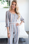 Dusty Blue & Tan Striped Jumpsuit Modest Dresses vendor-unknown