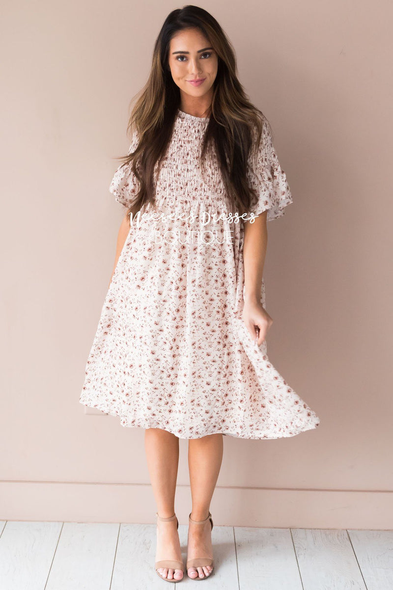 Cream w/ Taupe & Rust Floral Modest Dress | Cute Modest Dresses