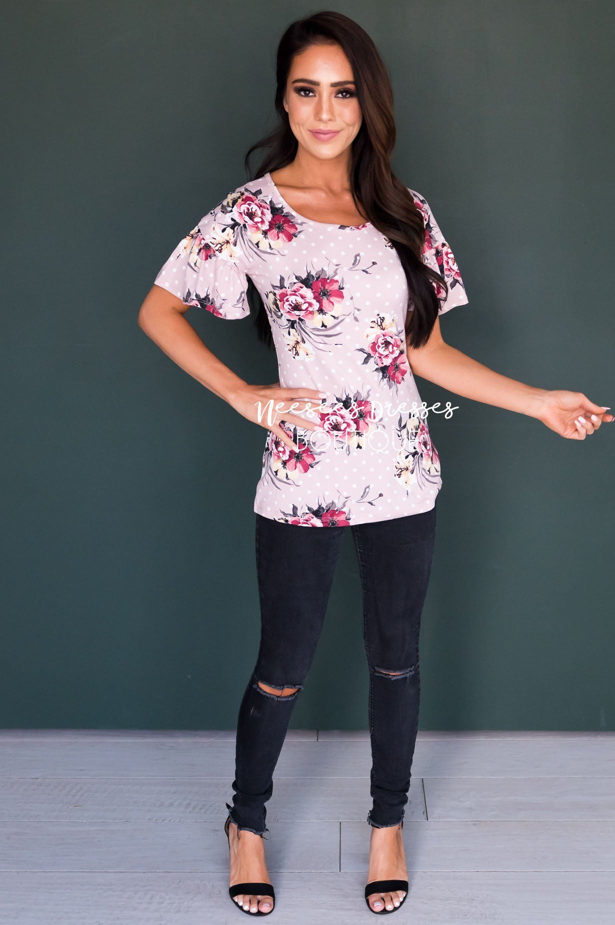 Polka Dot Floral Bell Sleeve Top Tops vendor-unknown 