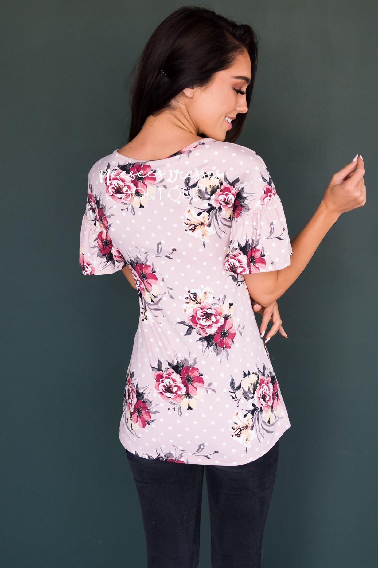 Polka Dot Floral Bell Sleeve Top Tops vendor-unknown 