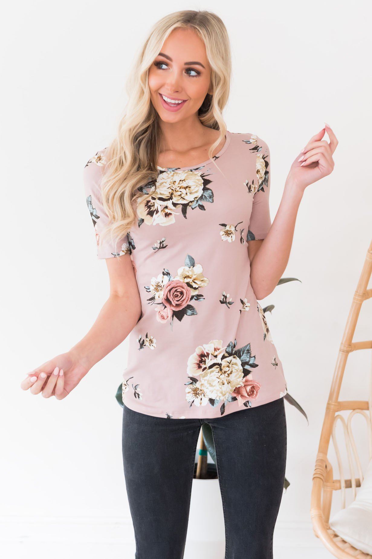 Floral Scoop Neck Tee Tops vendor-unknown 