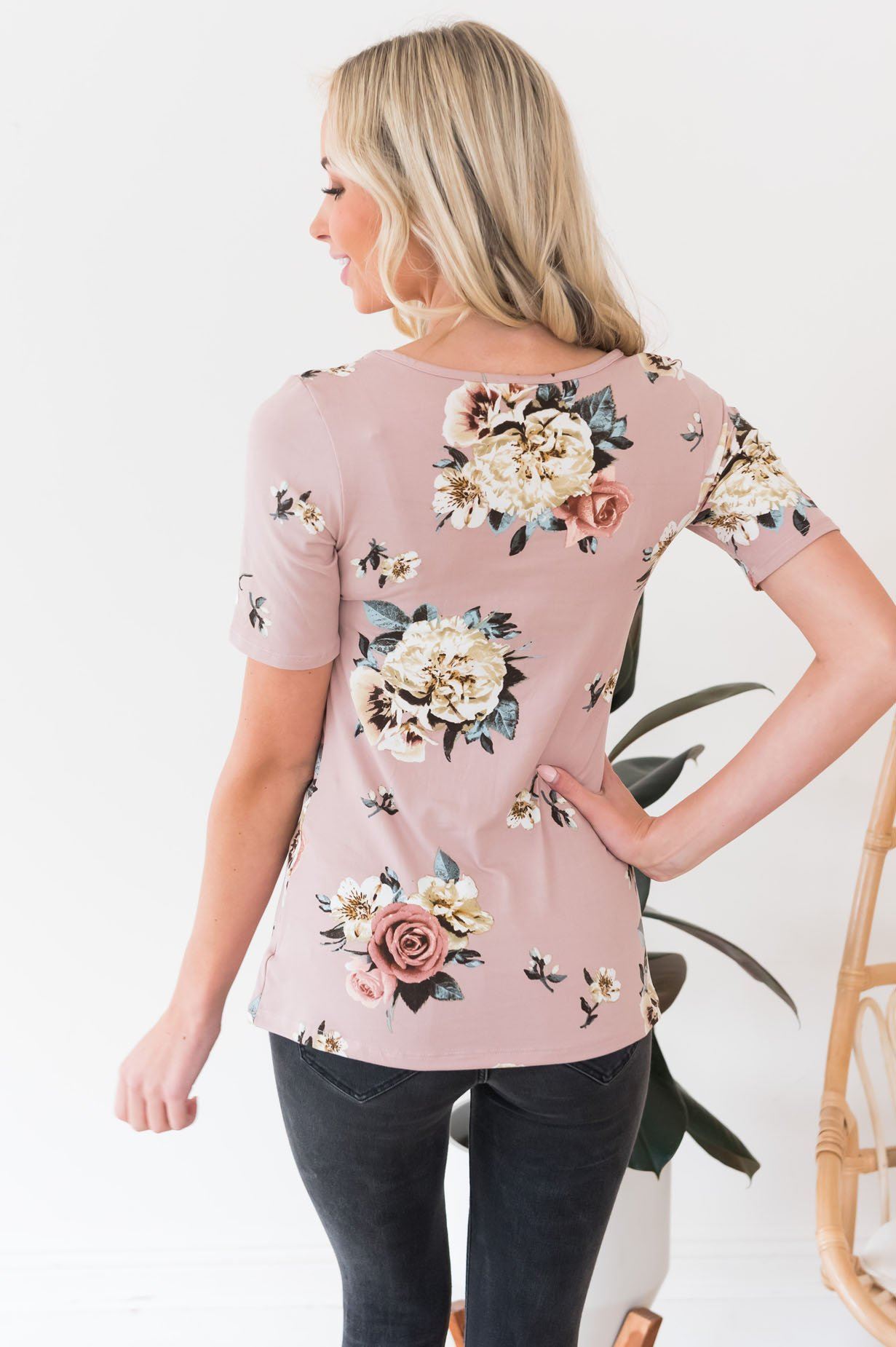 Floral Scoop Neck Tee Tops vendor-unknown 