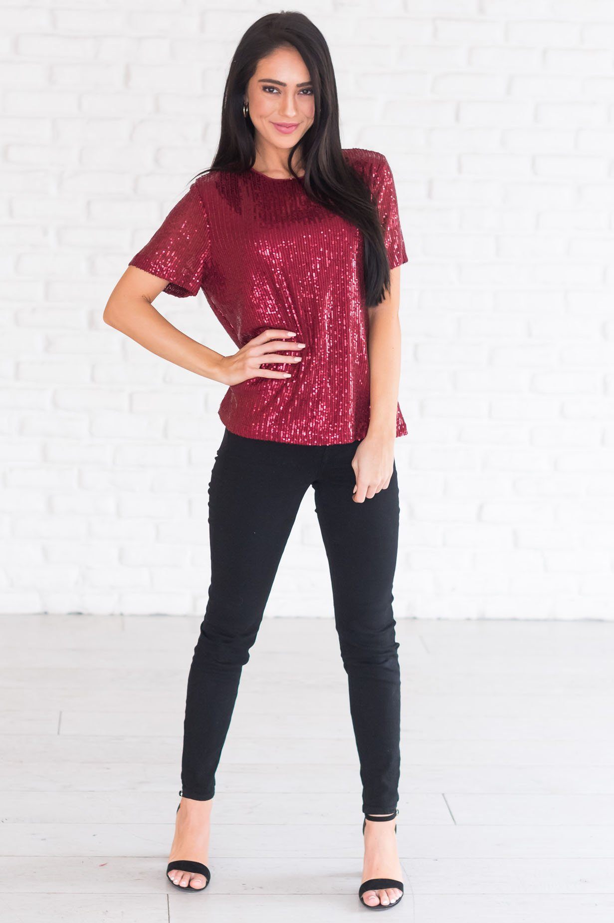Love Actually Modest Sequin Blouse Tops vendor-unknown 