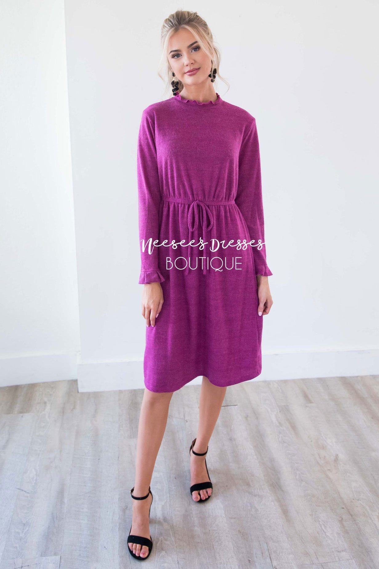 The Keely Ruffle Neckline & Wrists Sweater Dress Modest Dresses vendor-unknown 