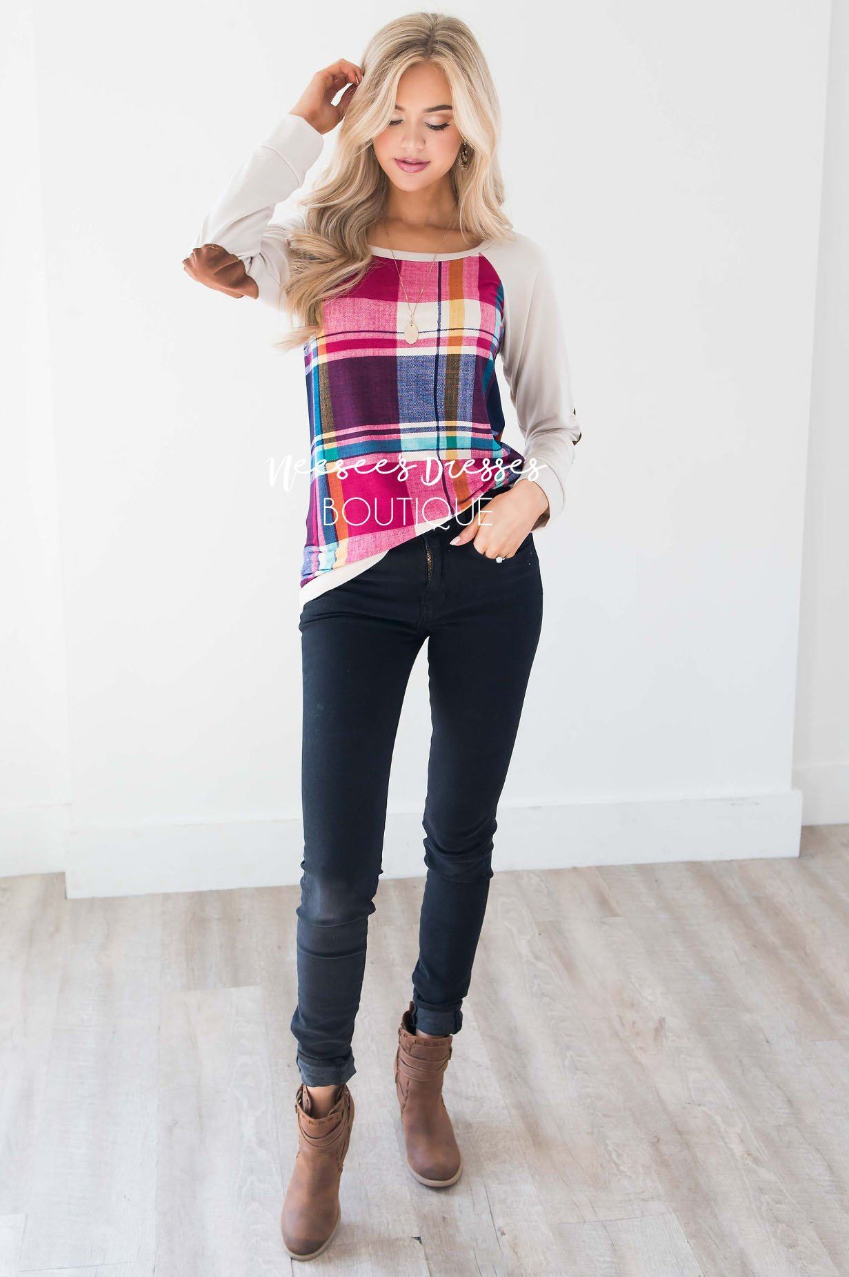 Fuchsia Plaid Elbow Patch Sweater Tops vendor-unknown 