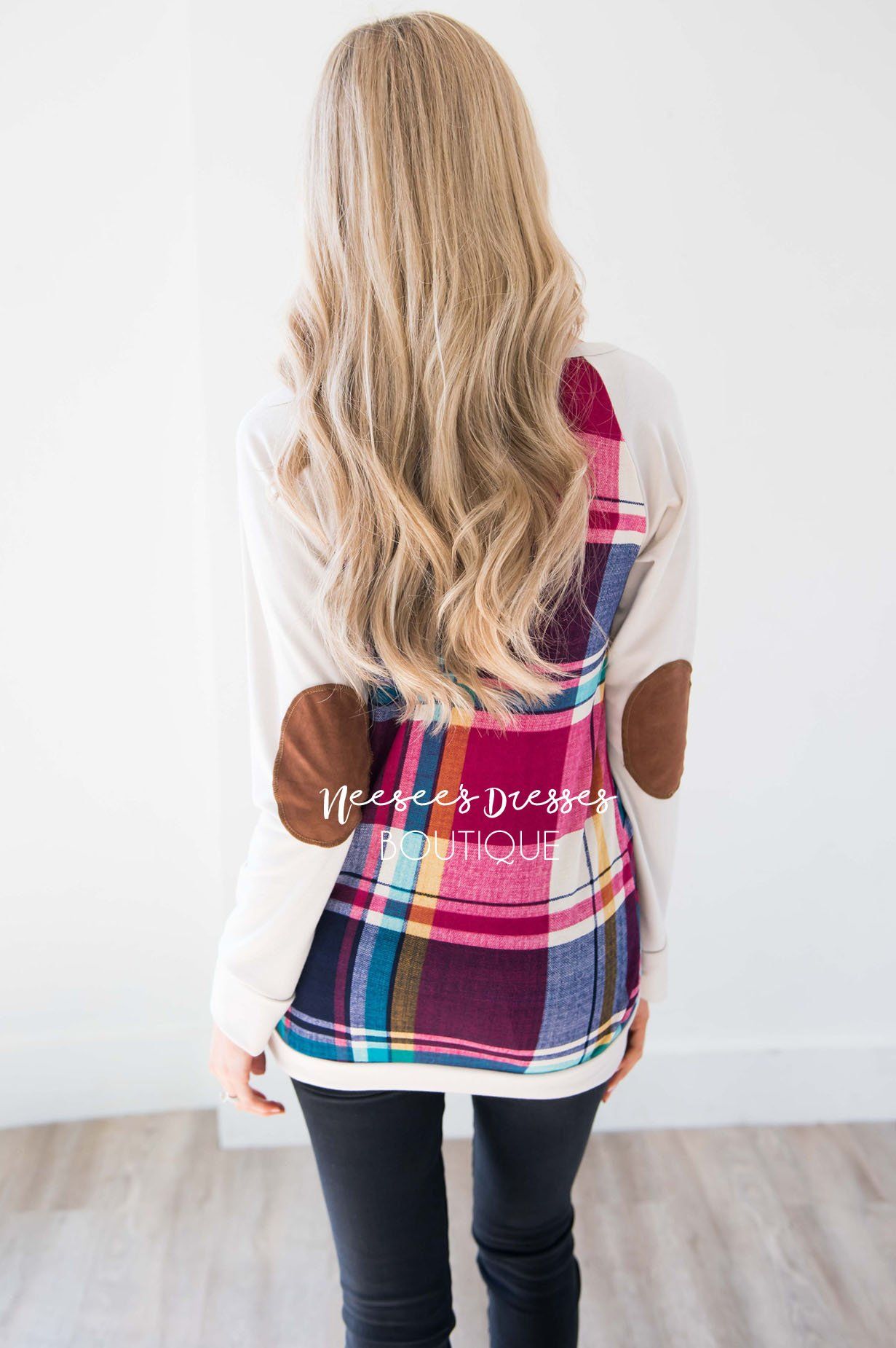 Fuchsia Plaid Elbow Patch Sweater Tops vendor-unknown 