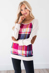 Fuchsia Plaid Elbow Patch Sweater Tops vendor-unknown