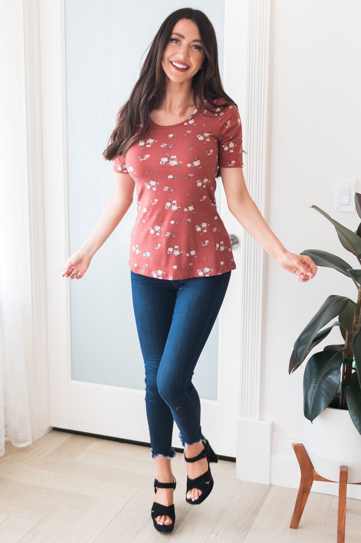 Floral Scoop Neck Modest Tee Tops vendor-unknown 