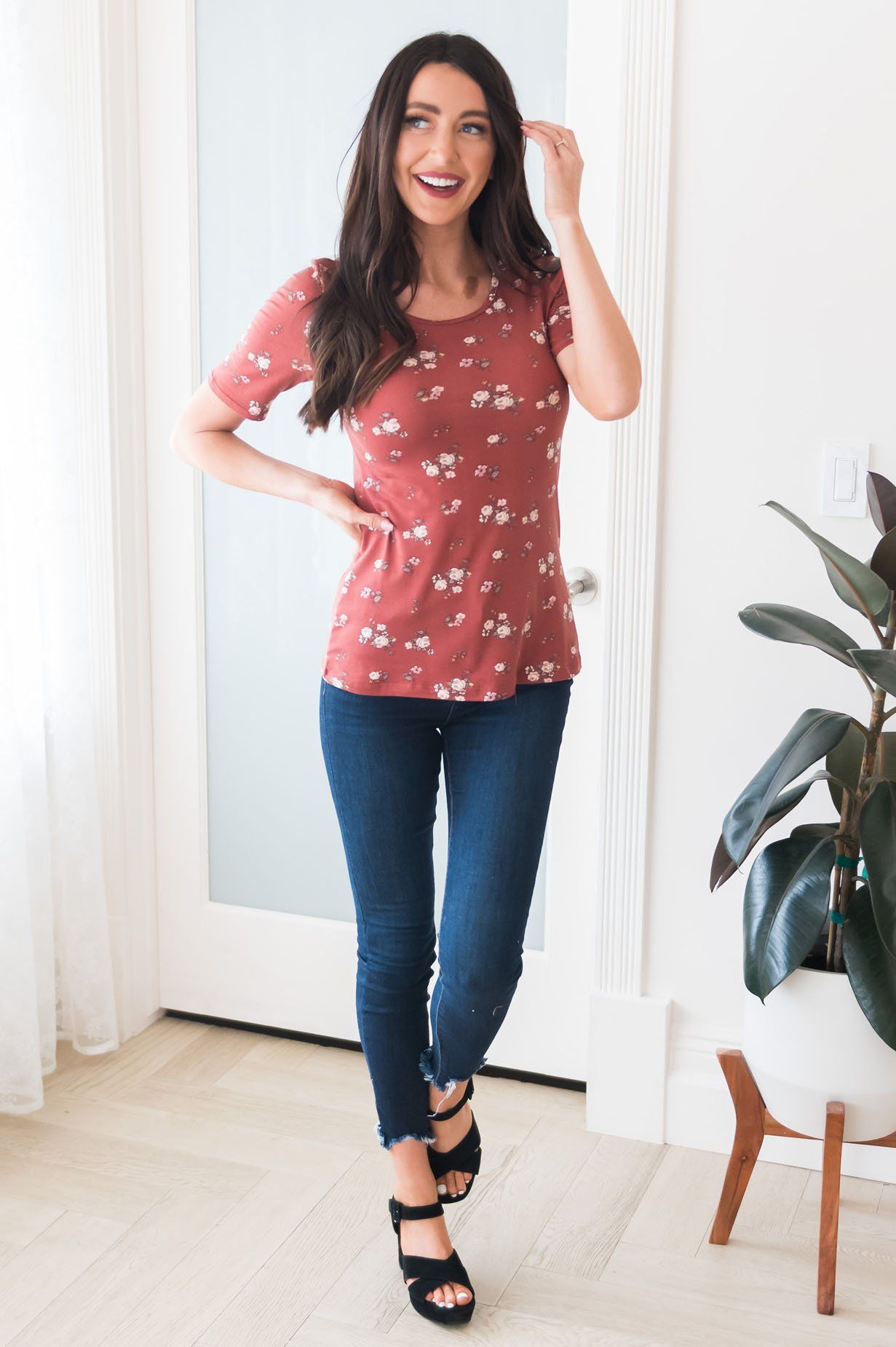 Floral Scoop Neck Modest Tee Tops vendor-unknown 