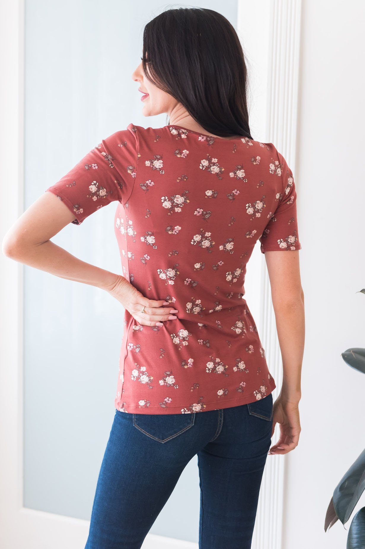 Floral Scoop Neck Modest Tee Tops vendor-unknown 