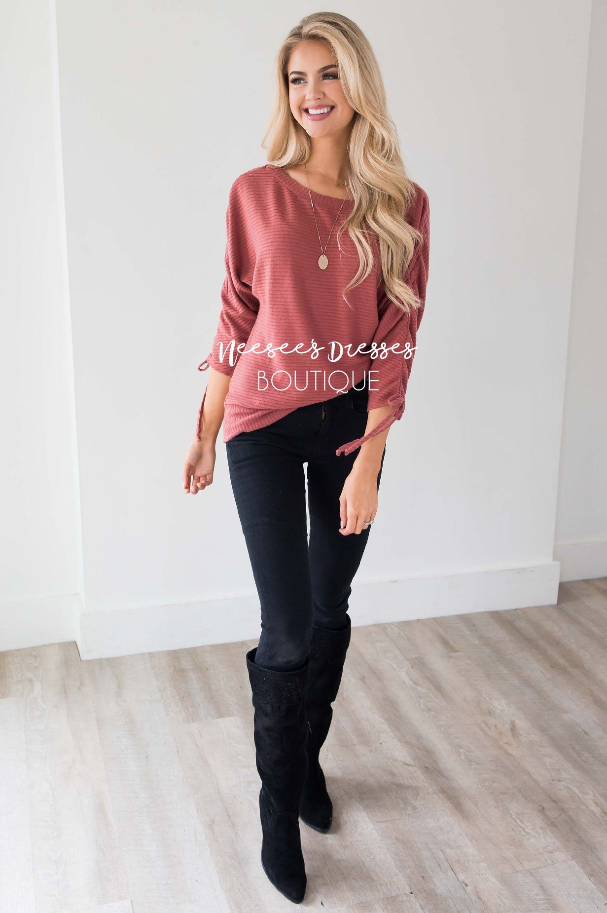 Marsala Ruched Sleeve Sweater Tops vendor-unknown 