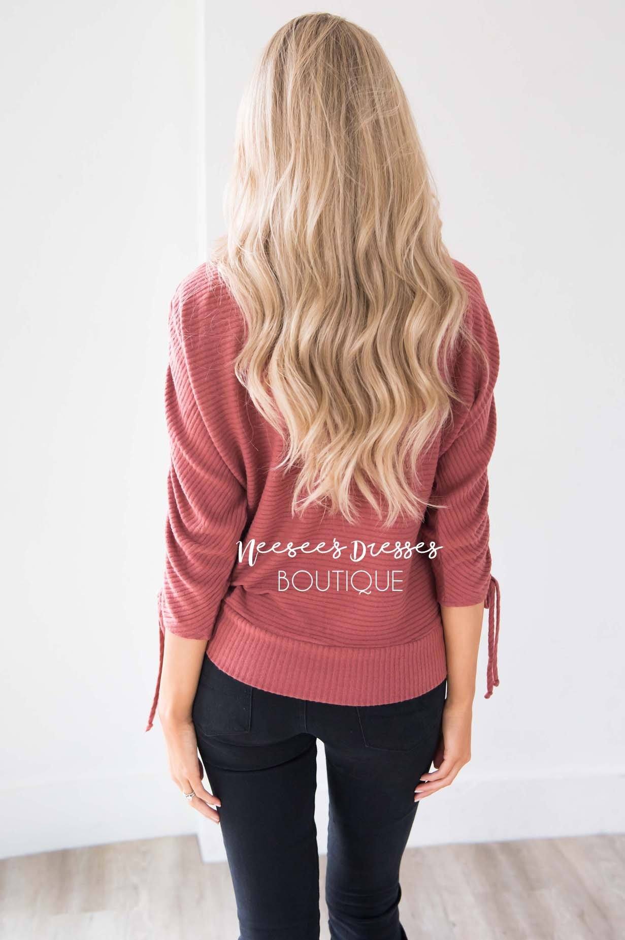 Marsala Ruched Sleeve Sweater Tops vendor-unknown 