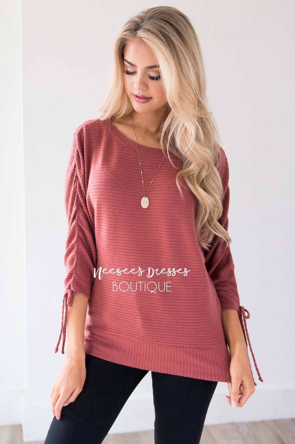 Marsala Ruched Sleeve Sweater Tops vendor-unknown 