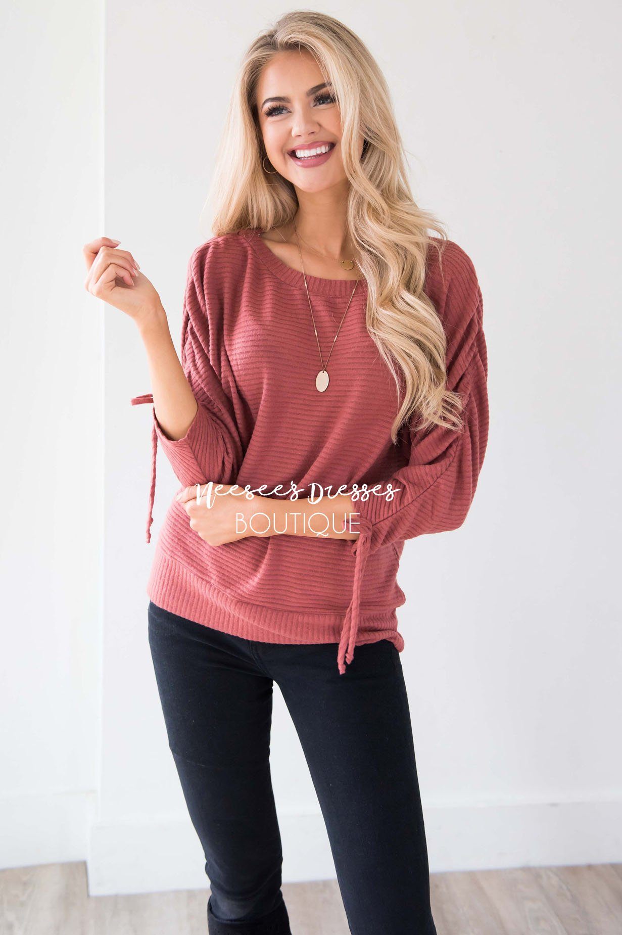 Marsala Ruched Sleeve Sweater Tops vendor-unknown 