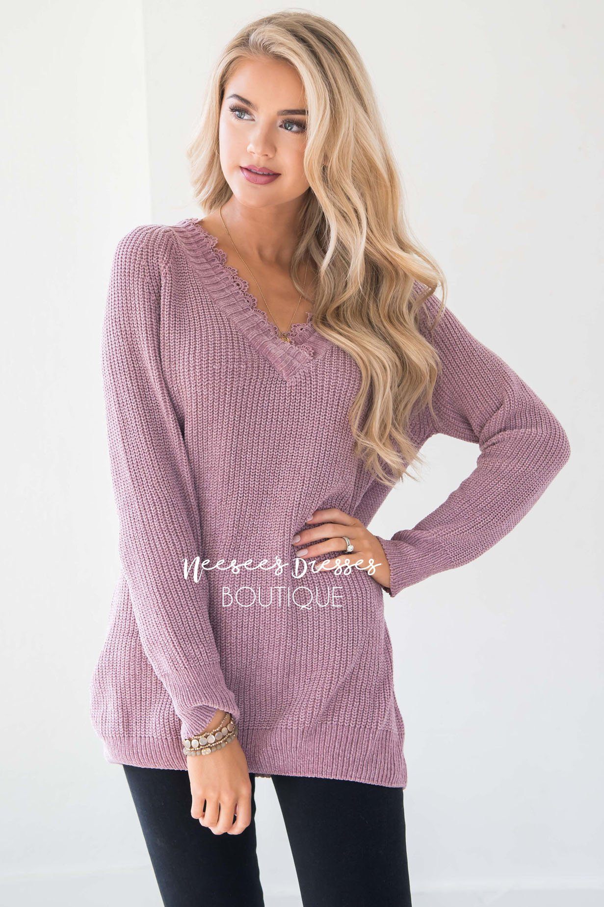 Chenille Knit V-Neck Lace Trim Sweater Tops vendor-unknown 