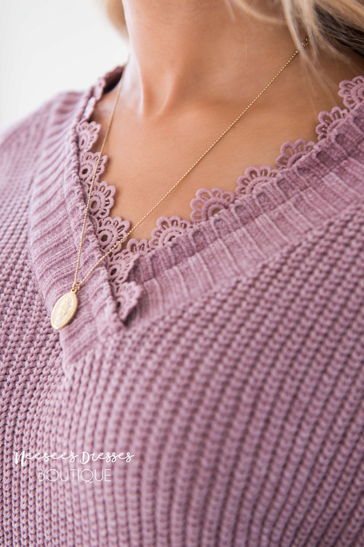 Chenille Knit V-Neck Lace Trim Sweater Tops vendor-unknown 