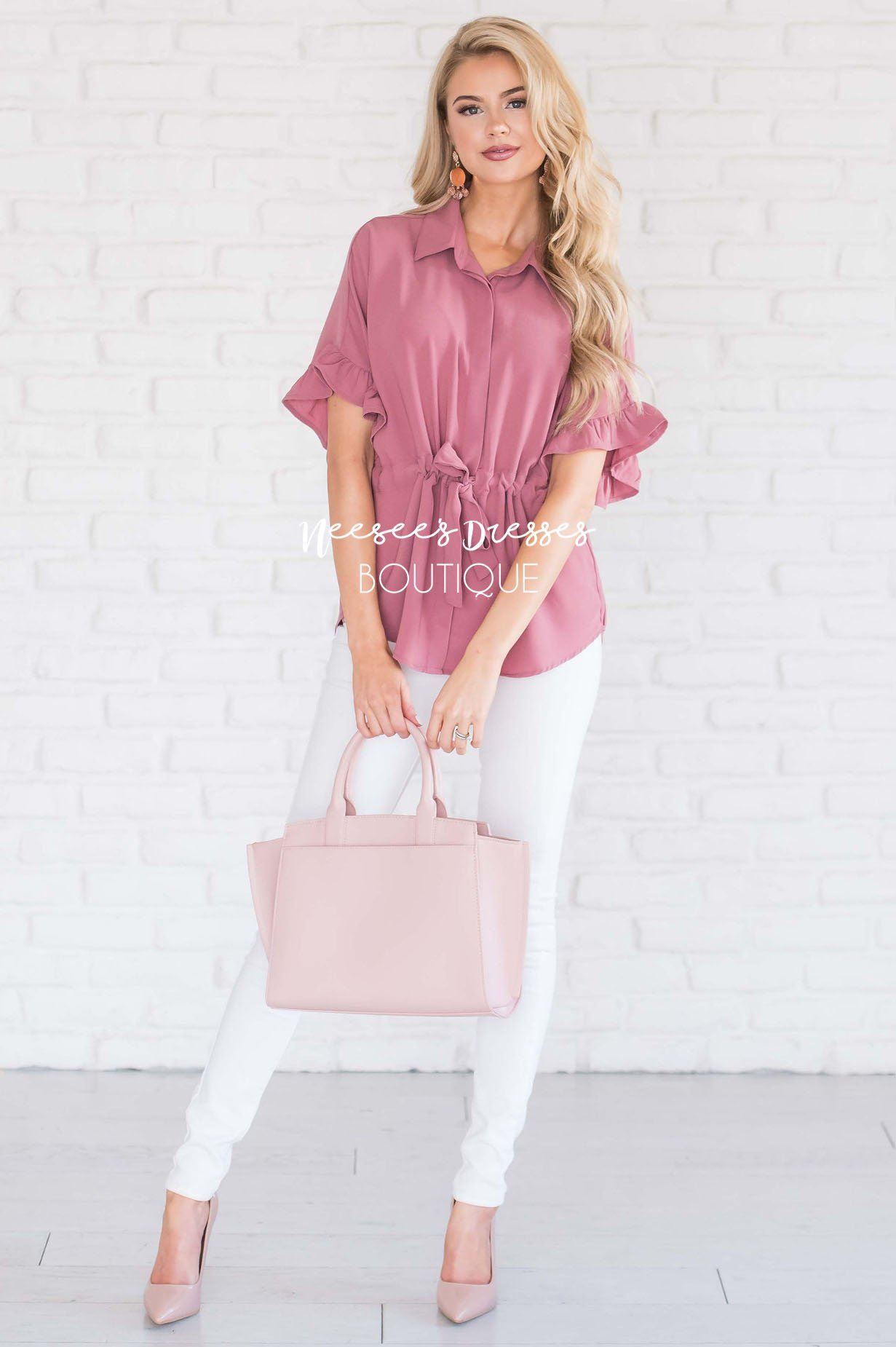 Button Up Cinched Waist Blouse Tops vendor-unknown 