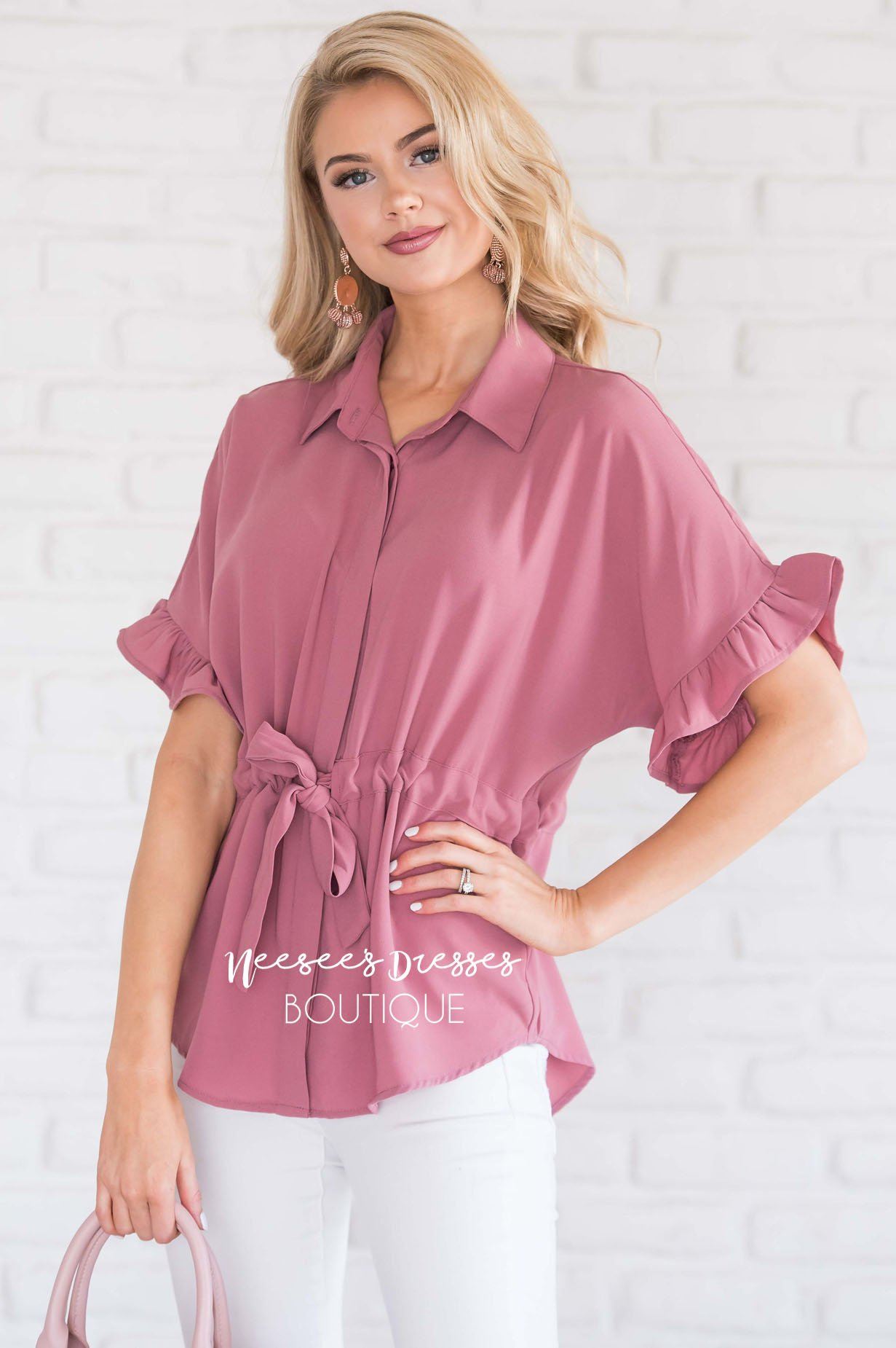 Button Up Cinched Waist Blouse Tops vendor-unknown 