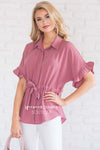 Button Up Cinched Waist Blouse Tops vendor-unknown