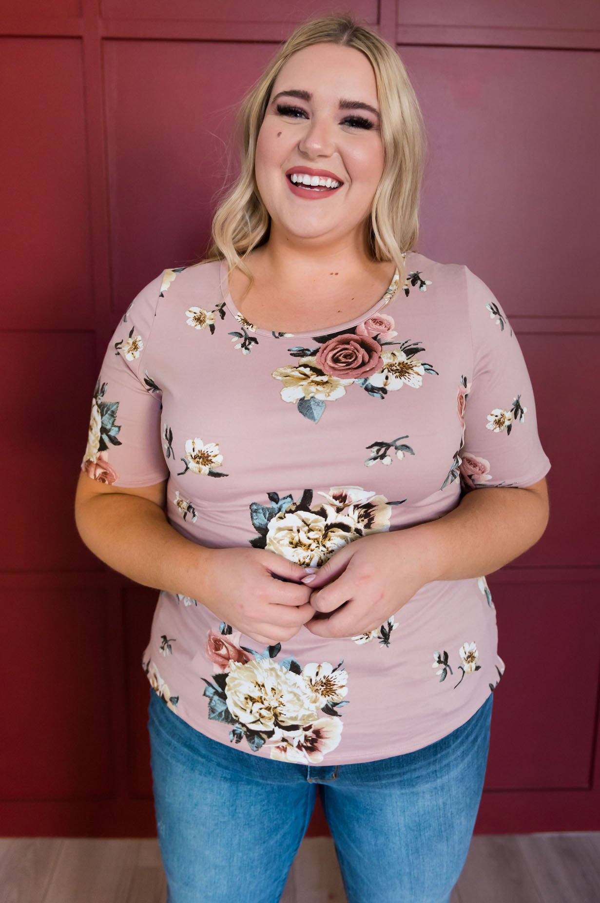 Floral Scoop Neck Tee Tops vendor-unknown 