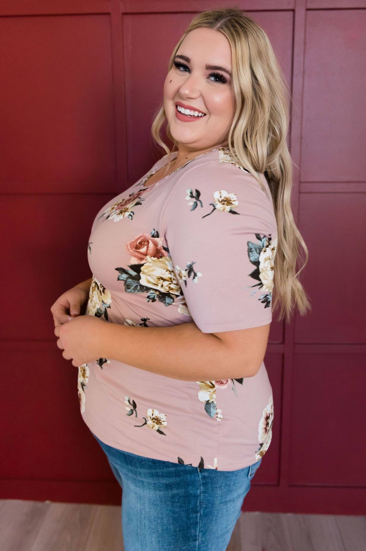 Floral Scoop Neck Tee Tops vendor-unknown 