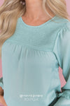 Mint Smocked Satin Blouse Tops vendor-unknown