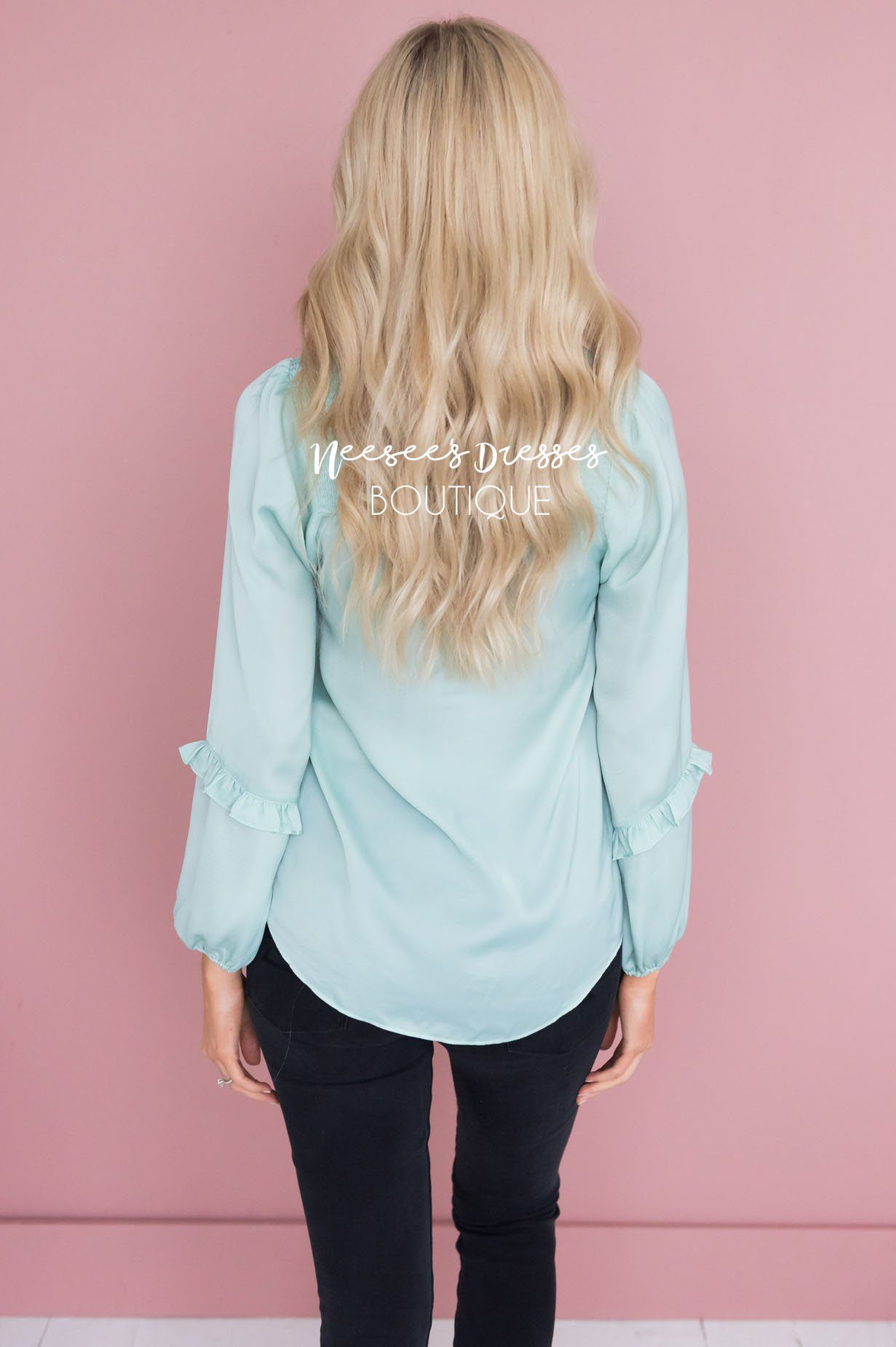 Mint Smocked Satin Blouse Tops vendor-unknown 