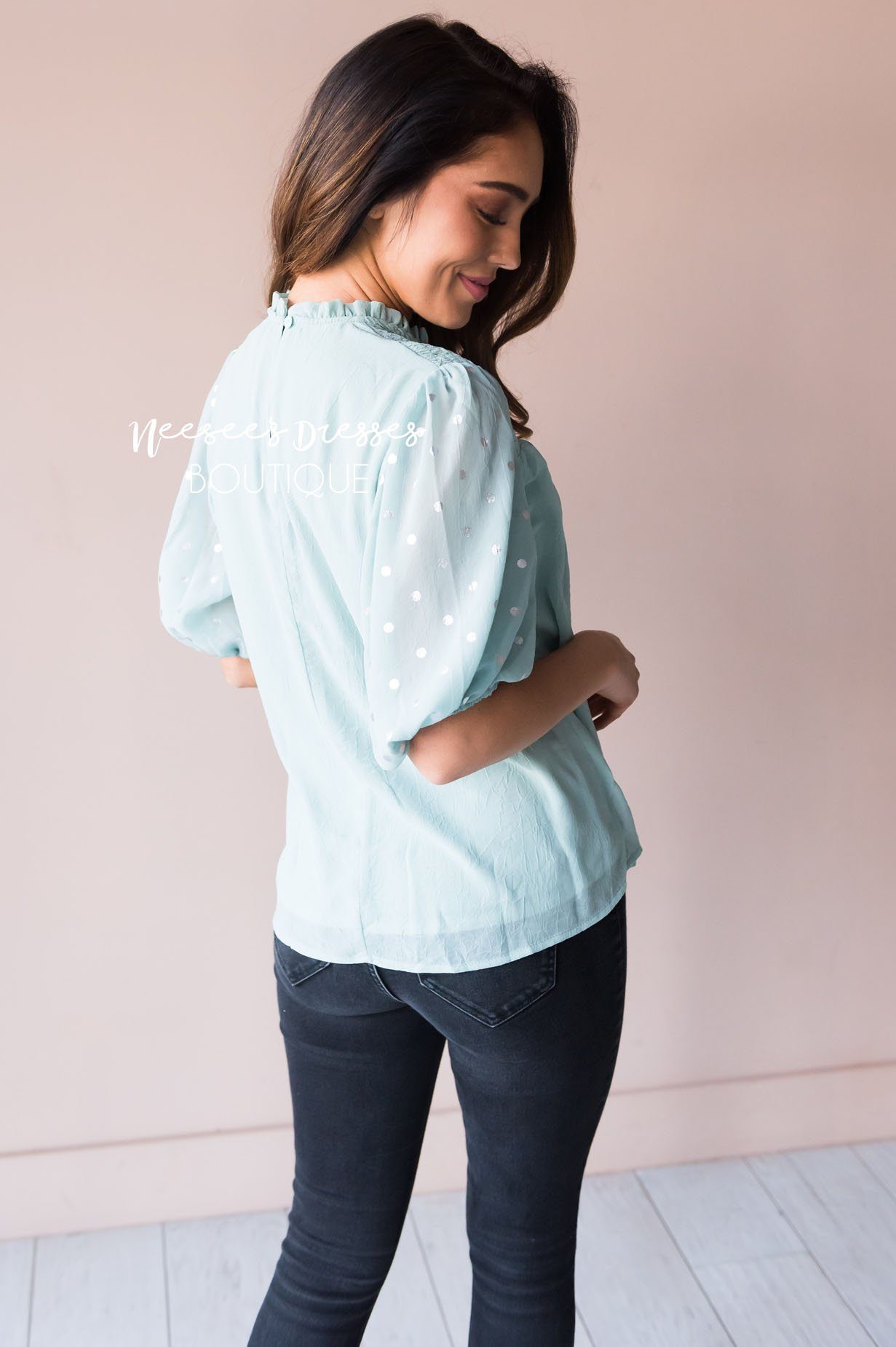 Mint Shimmer Smocked Modest Blouse Tops vendor-unknown 