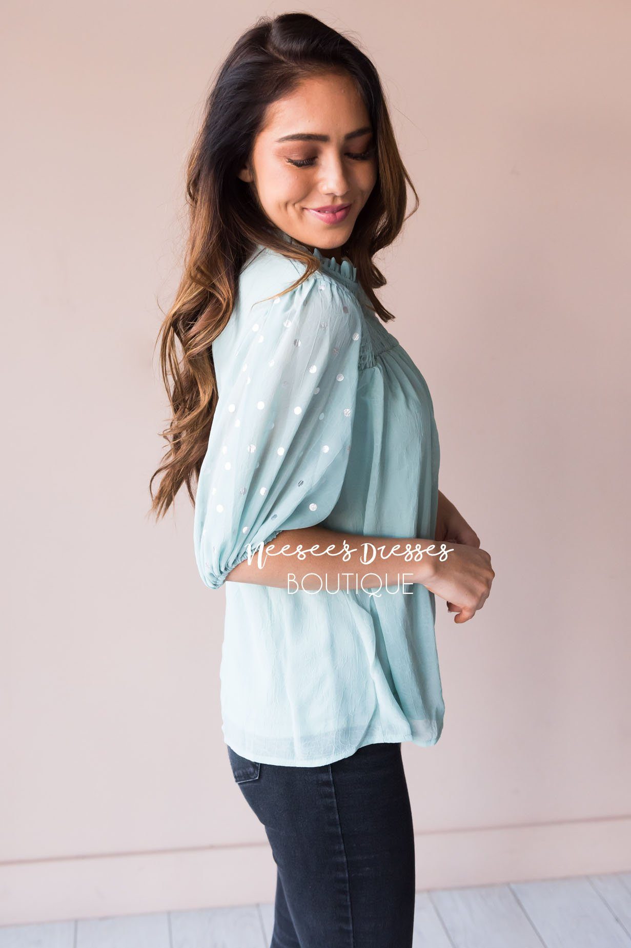 Mint Shimmer Smocked Modest Blouse Tops vendor-unknown 