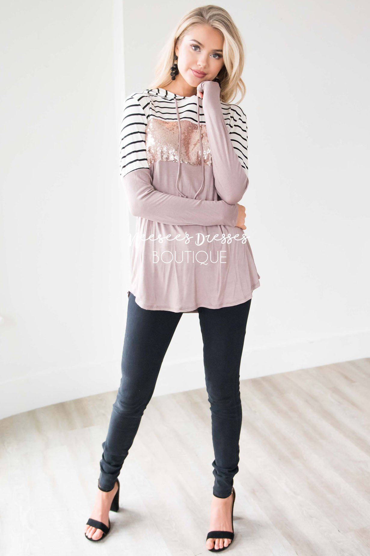 Striped Sequin Color Block Hoodie Tops vendor-unknown 