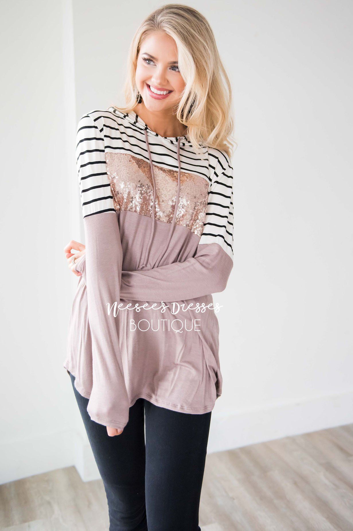 Striped Sequin Color Block Hoodie Tops vendor-unknown 