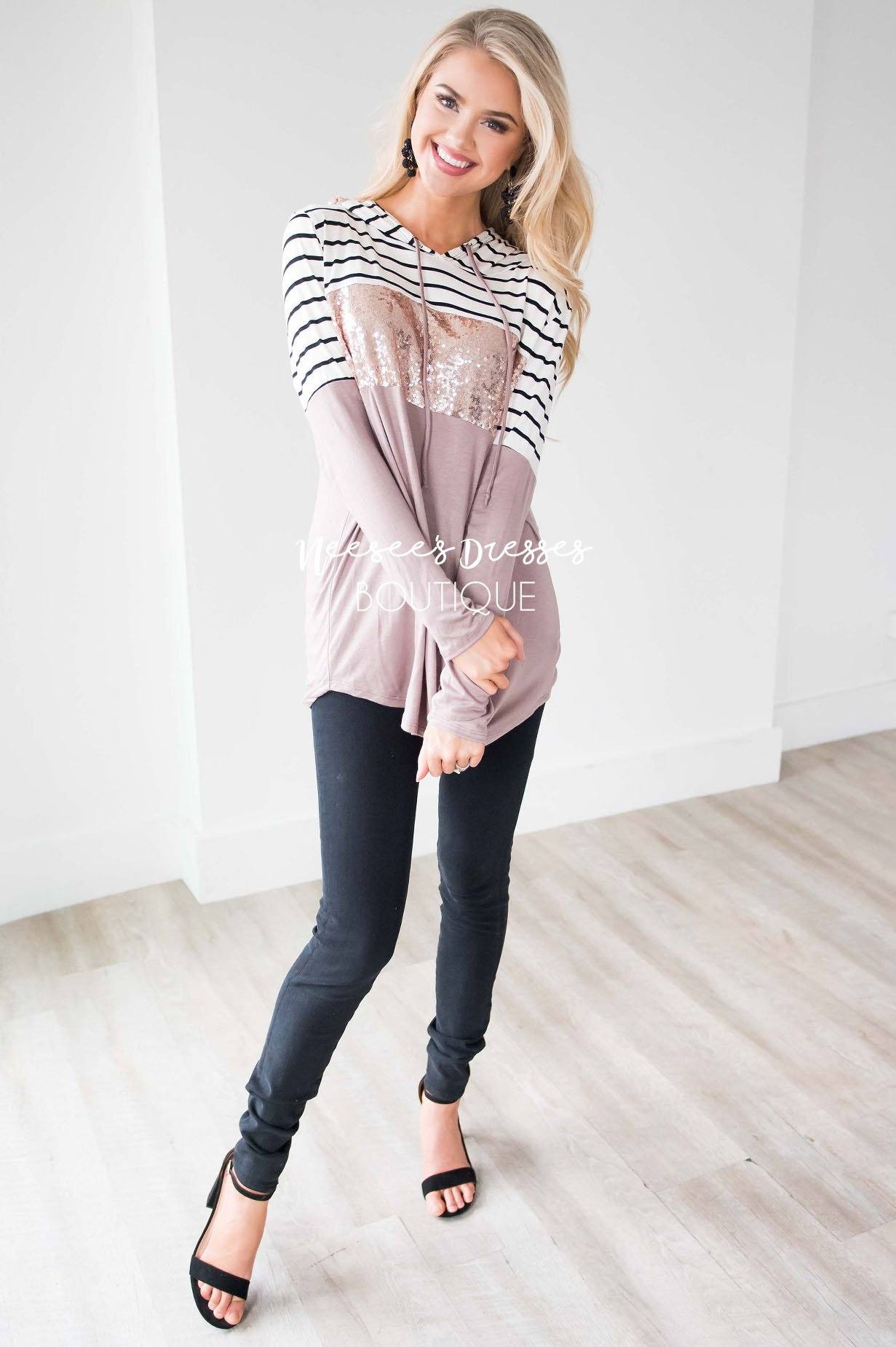 Striped Sequin Color Block Hoodie Tops vendor-unknown 