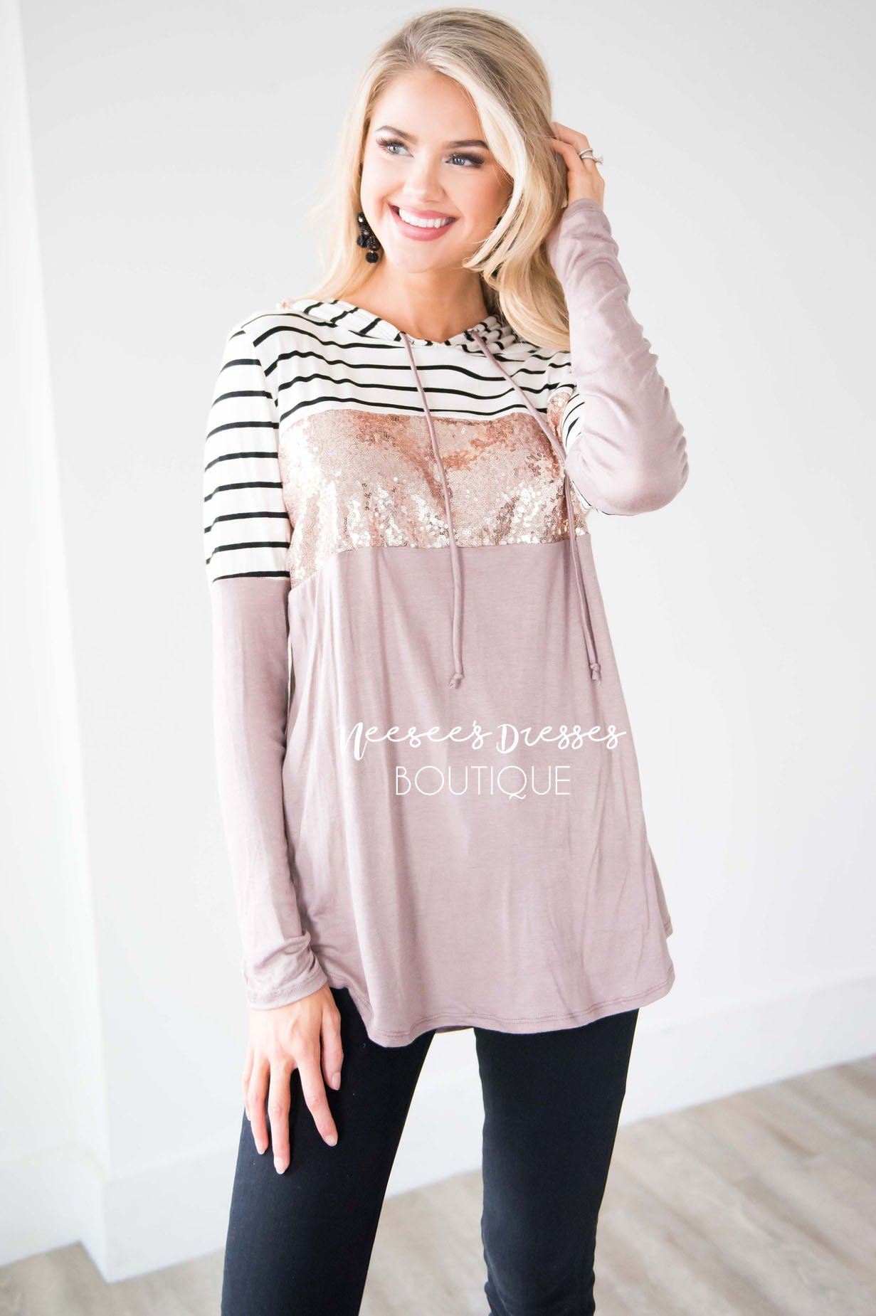 Striped Sequin Color Block Hoodie Tops vendor-unknown 