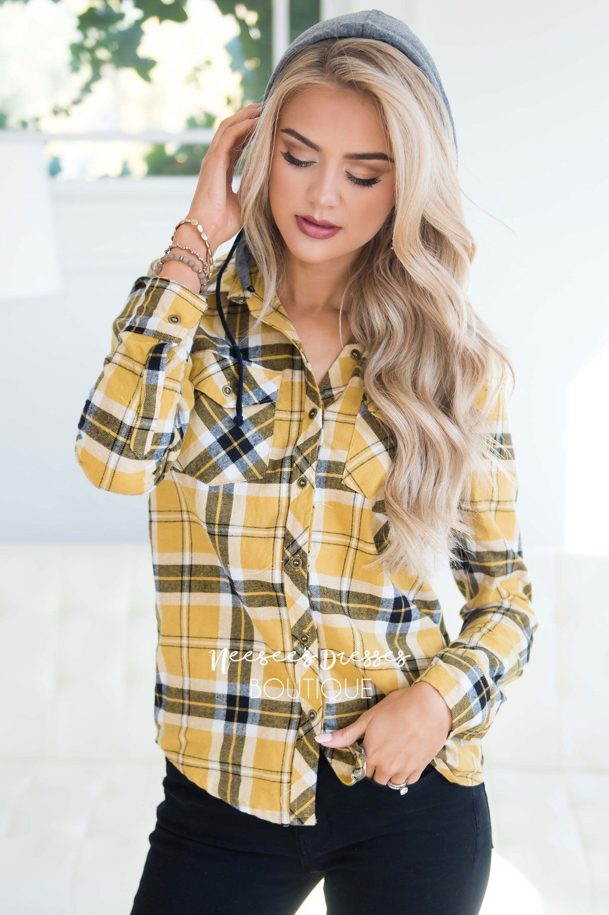 Steady My Soul Plaid Button Up Hoodie Tops vendor-unknown 