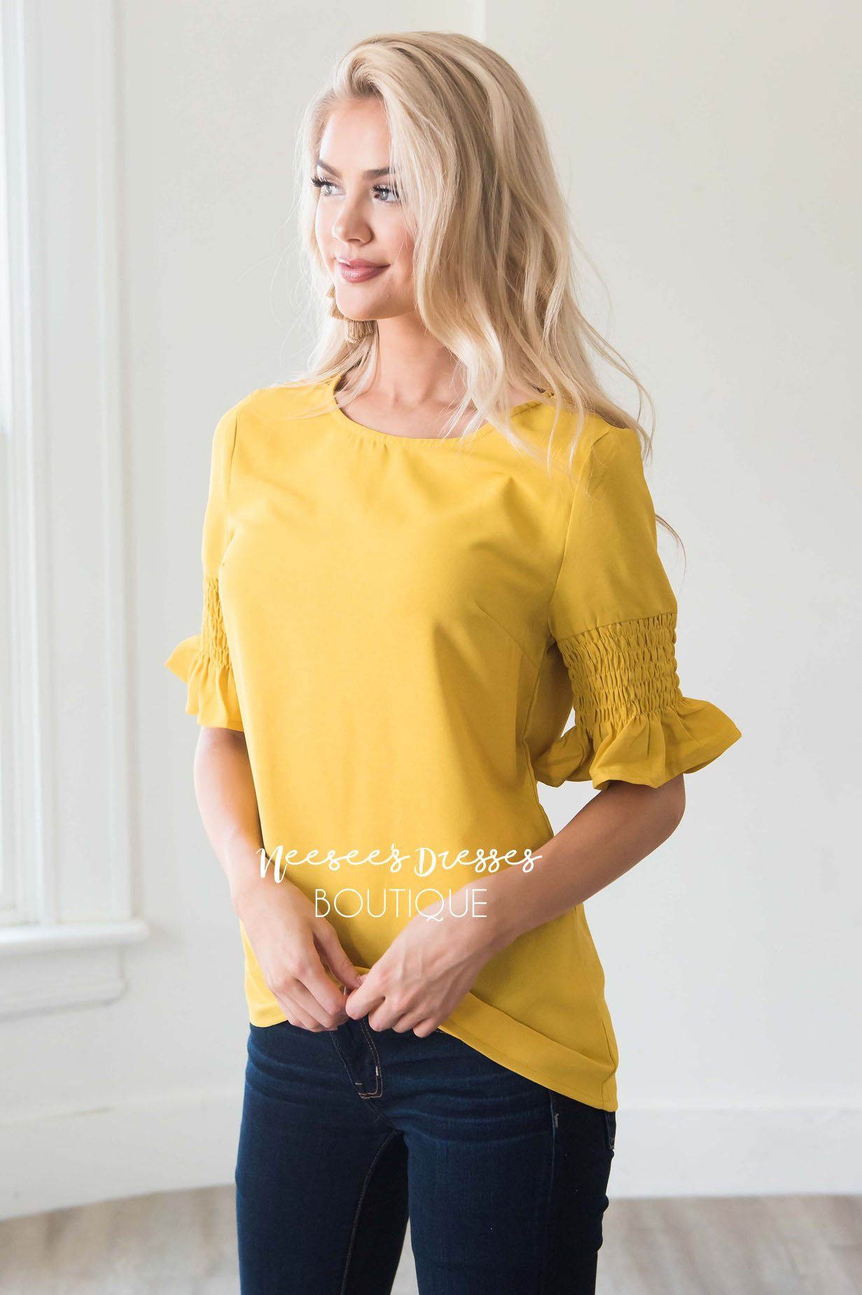 Something New Gathered Sleeve Top Modest Dresses vendor-unknown 