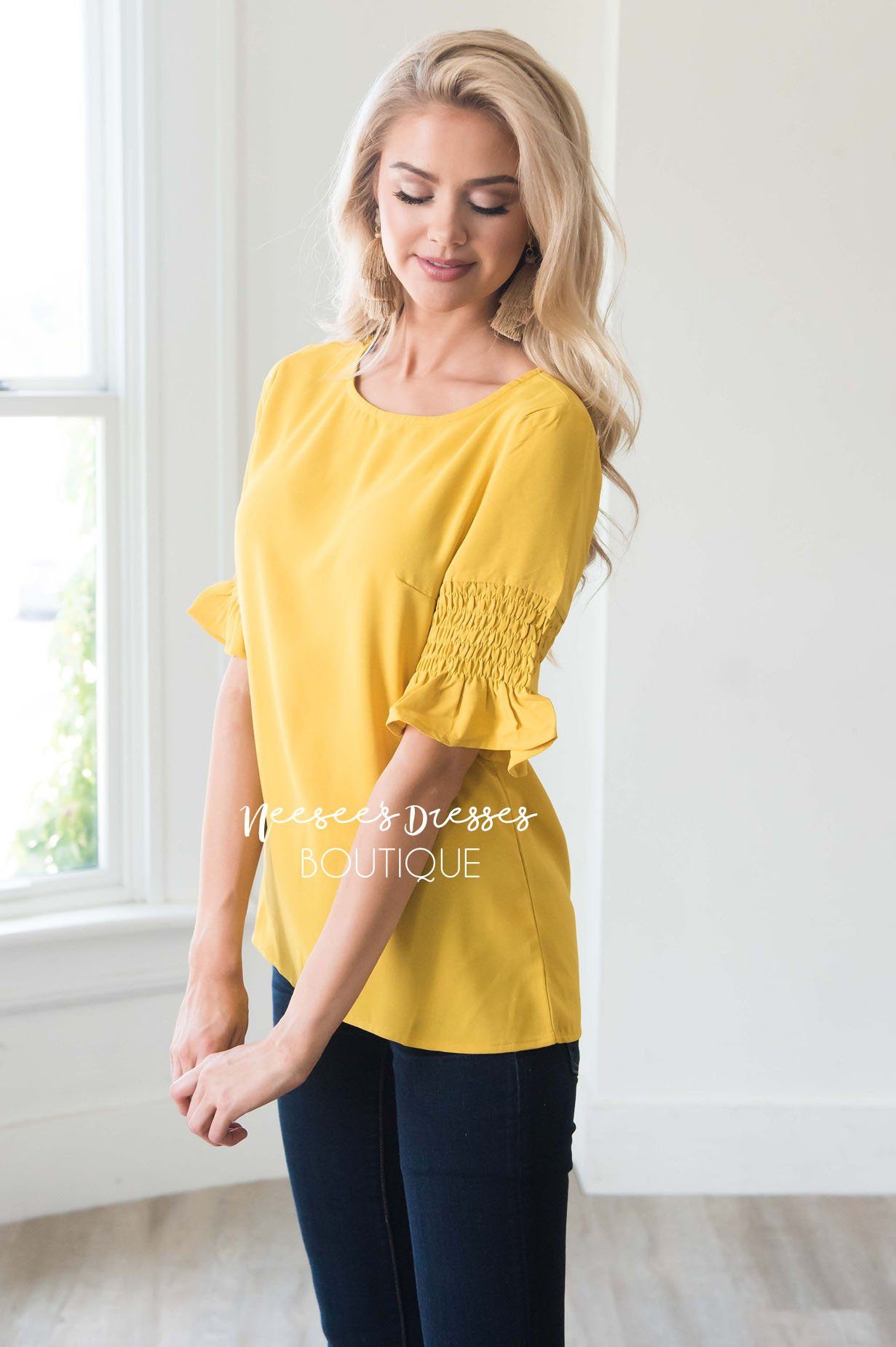 Something New Gathered Sleeve Top Modest Dresses vendor-unknown 