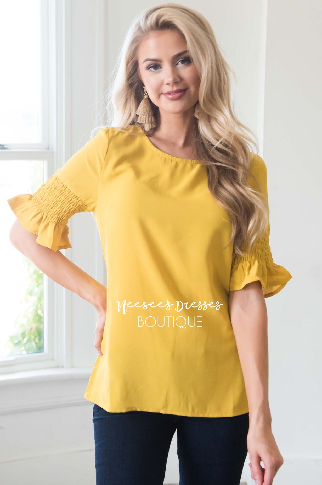 Something New Gathered Sleeve Top Modest Dresses vendor-unknown 