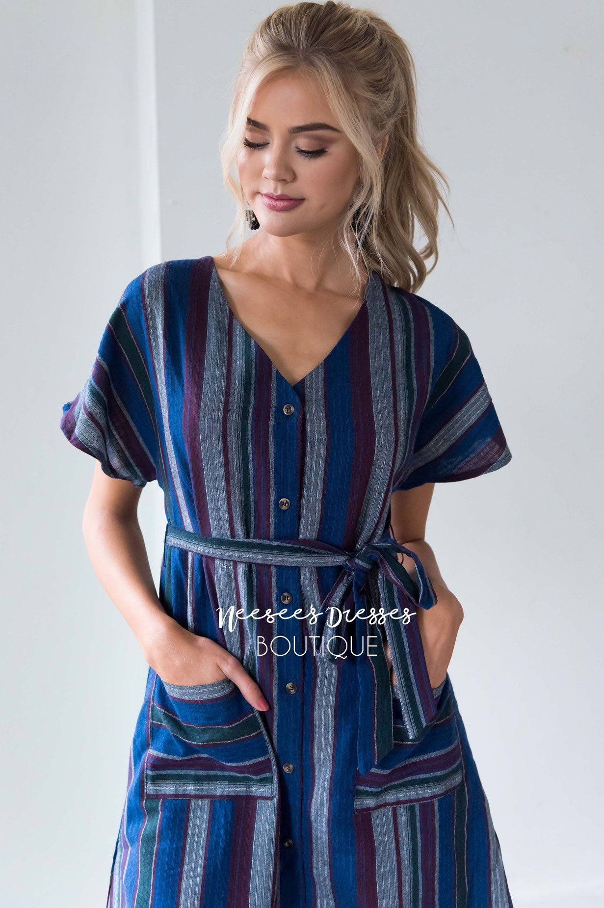 The Oceana Button Down Tie Waist Dress Modest Dresses vendor-unknown 