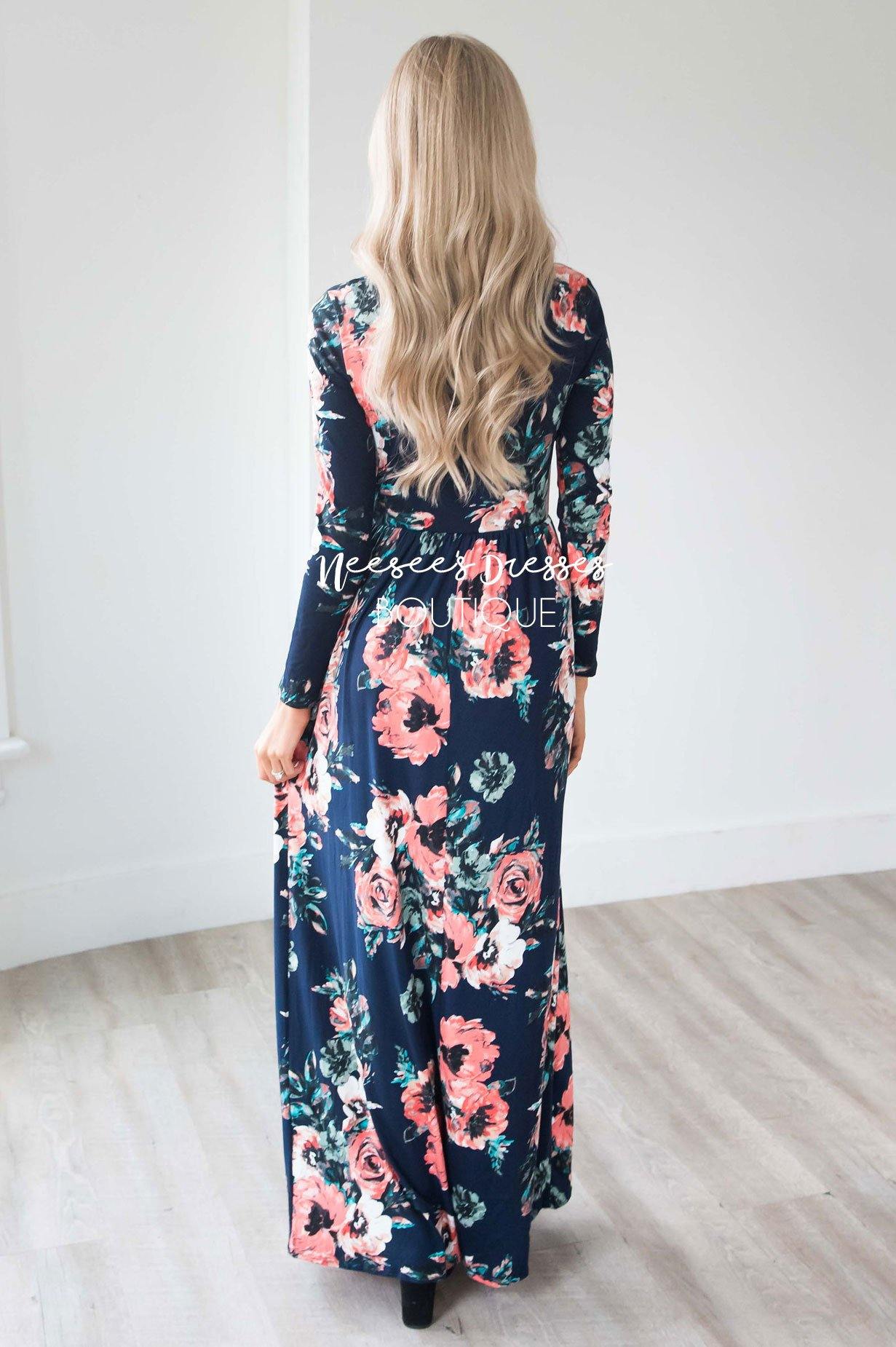 Navy Watercolor Long Sleeve Maxi Dress Modest Dresses vendor-unknown 