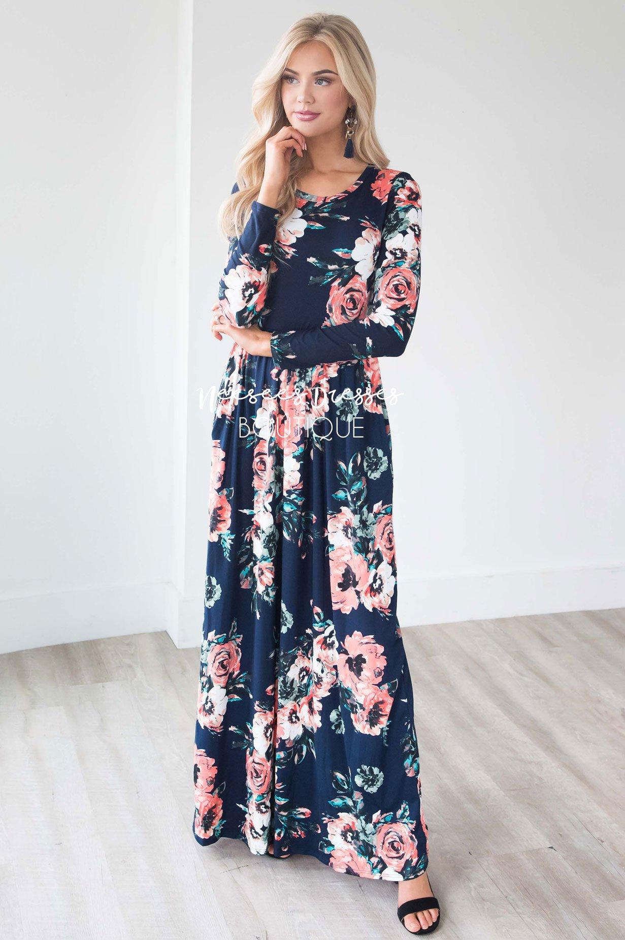 Navy Watercolor Long Sleeve Maxi Dress Modest Dresses vendor-unknown 