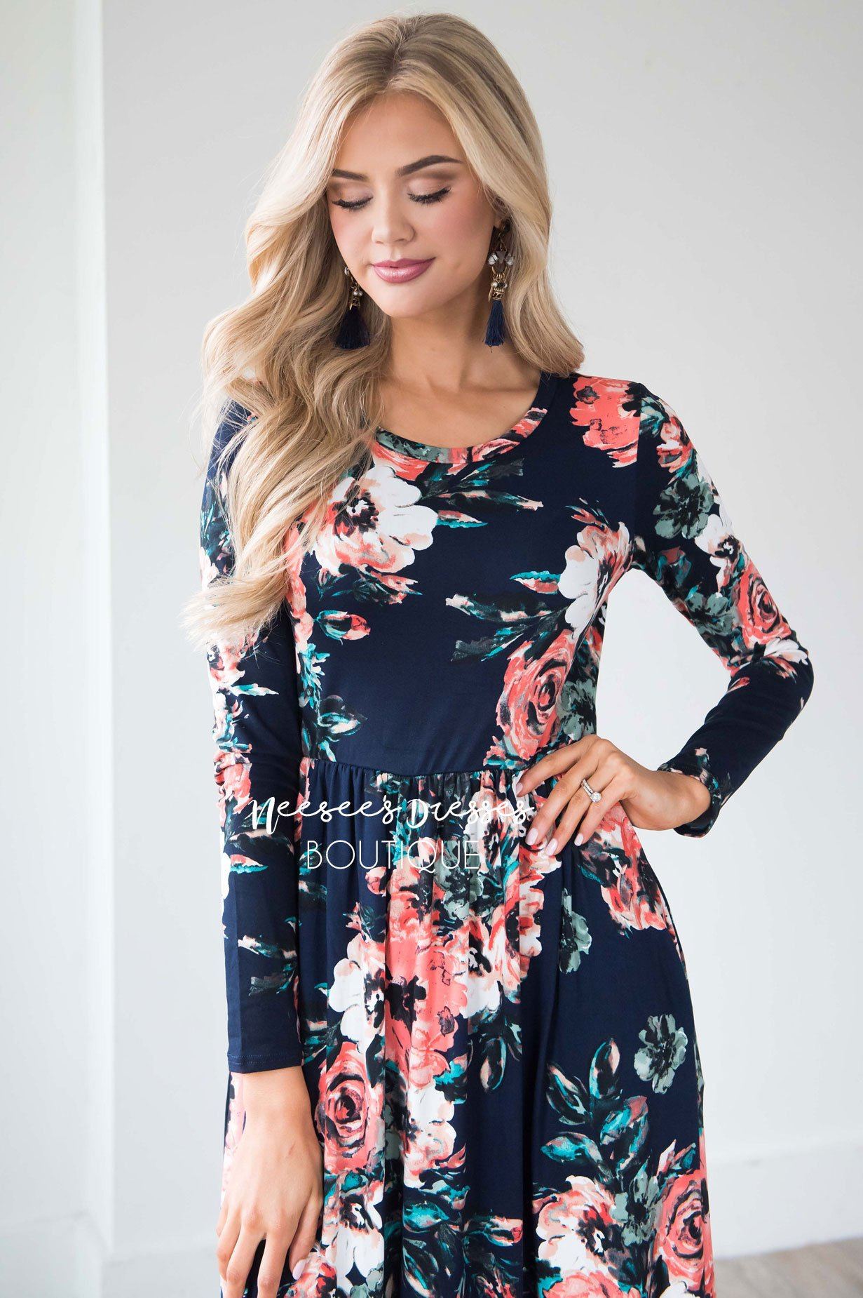 Navy Watercolor Long Sleeve Maxi Dress Modest Dresses vendor-unknown 
