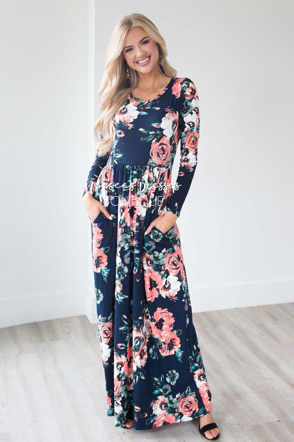 Navy Watercolor Long Sleeve Maxi Dress Modest Dresses vendor-unknown 