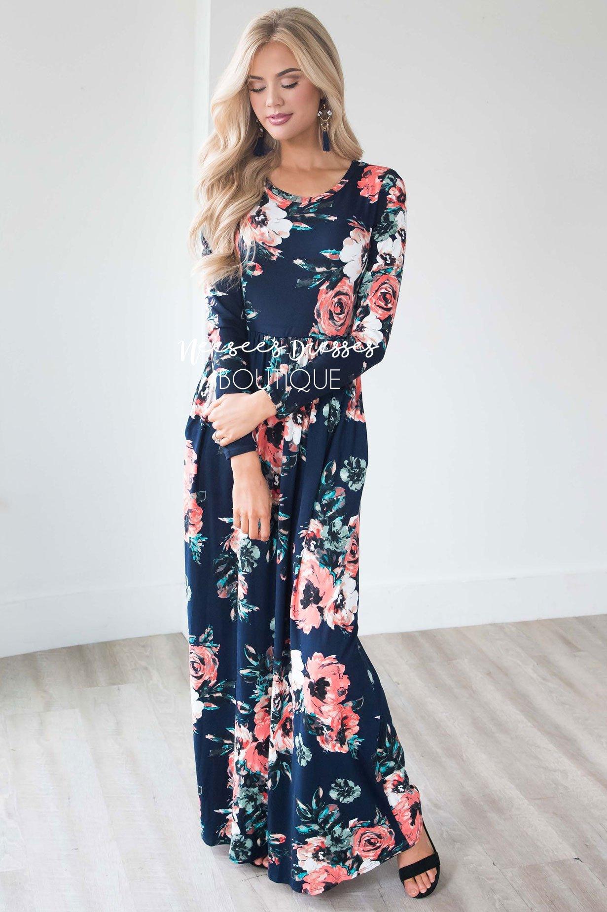 Navy Watercolor Long Sleeve Maxi Dress Modest Dresses vendor-unknown 