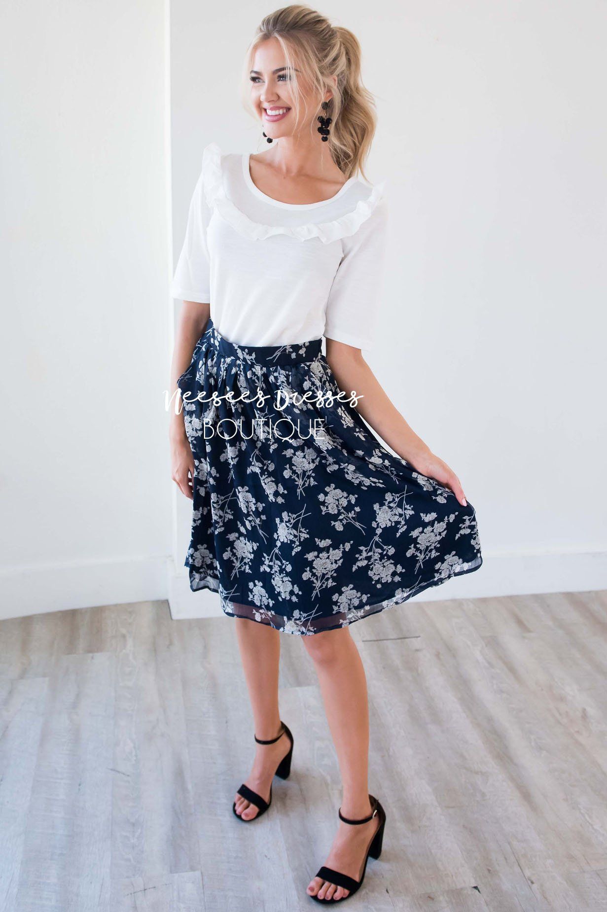 Navy & Cream Floral Chiffon Skirt Skirts vendor-unknown 
