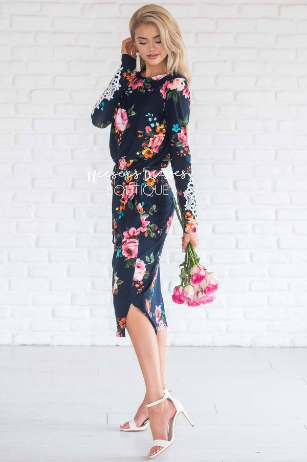 Navy Floral Long Sleeve Lace Trim Modest Dress | Best Place To Buy ...