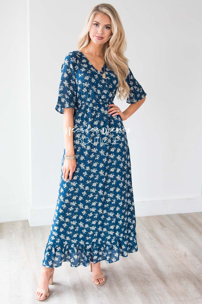 Navy Floral Cross Front Modest Dress | Modest Nursing Friendly Dress