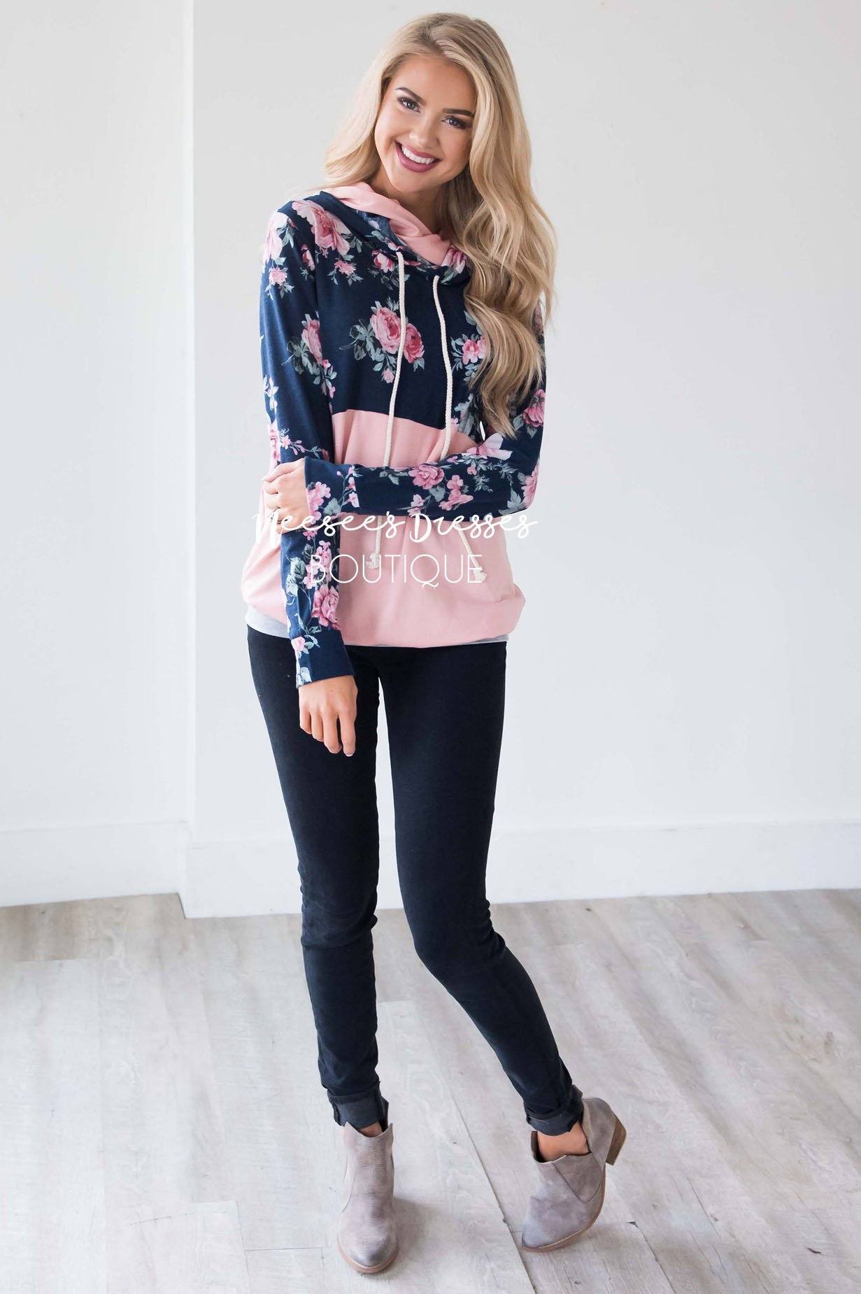 Navy Floral & Pink Colorblock Hoodie Tops vendor-unknown 