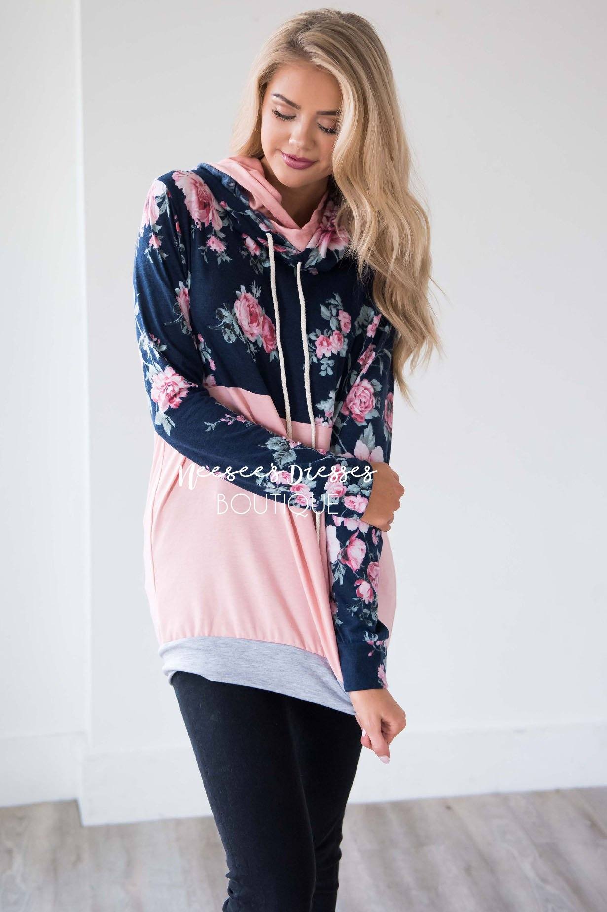 Navy Floral & Pink Colorblock Hoodie Tops vendor-unknown 